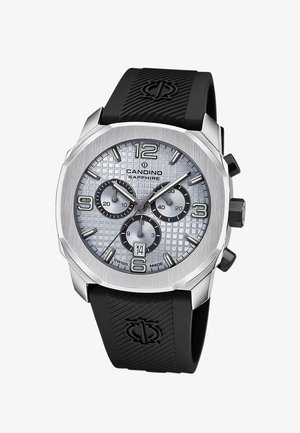 Silver chronograph watch with a textured gray dial, black rubber strap, and stainless steel case. Features three sub-dials and date display.