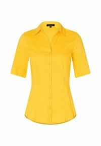 Korte mouwen gele shirt van soepel stof, met een aansluitend ontwerp, kraag en knoopsluiting aan de voorkant.
