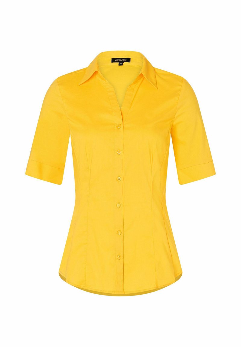 Korte mouwen gele shirt van soepel stof, met een aansluitend ontwerp, kraag en knoopsluiting aan de voorkant.