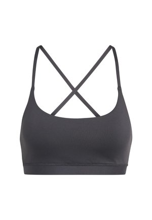 Soutien-gorge de sport noir en tissu lisse et extensible. Doté de fines bretelles croisées et d'une large bande sous la poitrine pour le soutien et le confort.