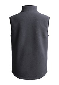 Graue Fleece-Weste, hoher Kragen, ärmelloses Design, weiche Textur, einfarbig, abgerundeter Saum am unteren Ende, keine sichtbaren Befestigungen oder Akzente.