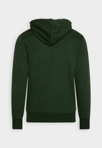 Felpa verde scuro con cappuccio regolabile, maniche lunghe e orlo e polsini a costine. Tessuto liscio, senza loghi o motivi visibili.