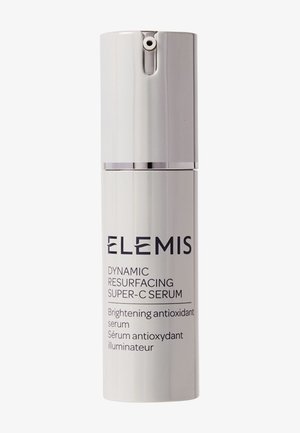 Weißer zylindrischer Pumpspender mit der Aufschrift Elemis Dynamic Resurfacing Super-C aufhellendes Antioxidans-Serum.