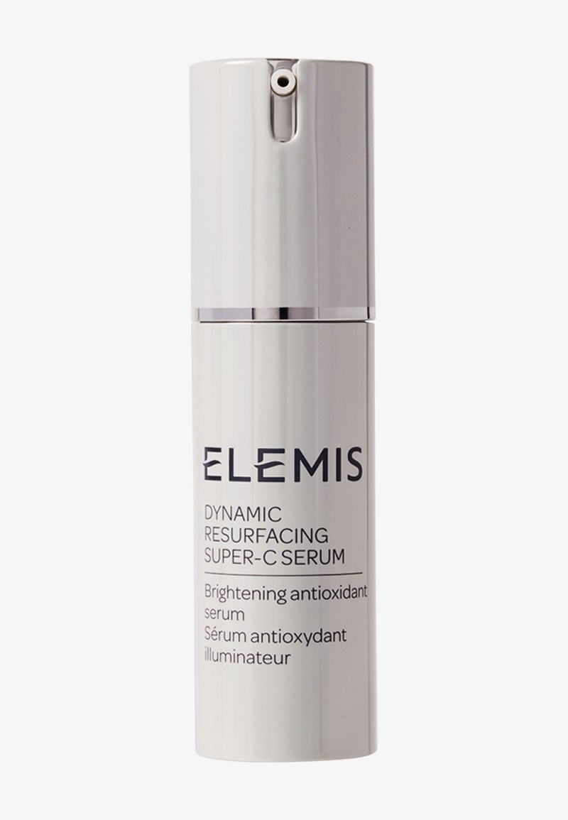 Flacon pompe cylindrique blanc étiqueté Elemis Dynamic Resurfacing Super-C sérum antioxydant éclaircissant.