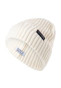Beige ribbed knit beanie with a folded brim, featuring a black label and blue registered trademark tag on the side. Soft texture.