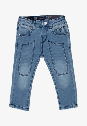 Light blue toddler jeans with stitched front patch pockets, button closure, and logo on coin pocket, size 6 months.