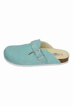 Turquoise suede clogs with a buckle strap, open back, and a cream padded insole. The outsole is white with a textured bottom.