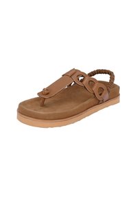 Infradito in pelle marrone con accenti circolari, suola imbottita, superficie texturizzata e fasce posteriori elastiche e flessibili per il massimo comfort.