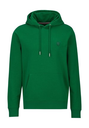 Groene pullover hoodie met voorzak in kangoeroestijl, trekkoord met zilverkleurige uiteinden in de capuchon en klein geborduurd logo op de linkerborst.