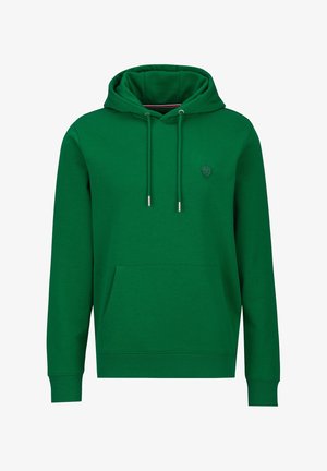 Sweat à capuche vert avec poche kangourou à l'avant, capuche à cordon de serrage avec embouts argentés et petit logo brodé sur le côté gauche de la poitrine.