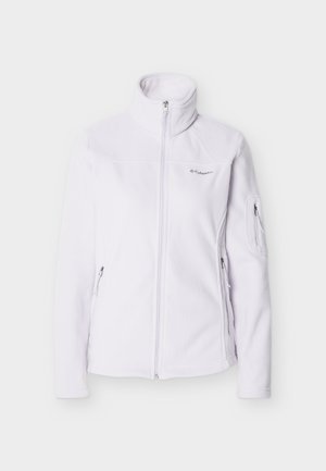 Veste en polaire Columbia blanche avec fermeture éclair complète à l'avant, col montant, deux poches latérales zippées et une poche zippée sur la manche gauche.
