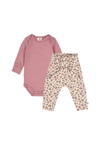 Pink long-sleeve bodysuit with snaps, paired with cream floral-printed leggings featuring a bow detail at the waist. Soft, textured fabric.