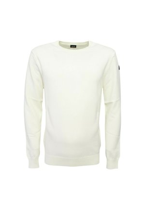 Felpa bianca girocollo con maniche lunghe, polsini e orlo a coste, realizzata in tessuto strutturato. Presenta un piccolo logo sulla manica.