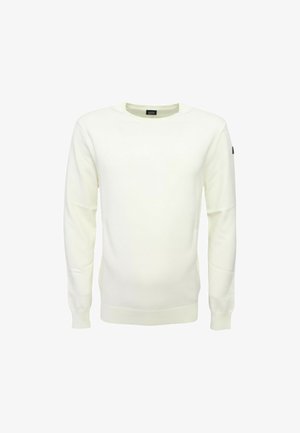 Felpa bianca girocollo con maniche lunghe, polsini e orlo a coste, realizzata in tessuto strutturato. Presenta un piccolo logo sulla manica.