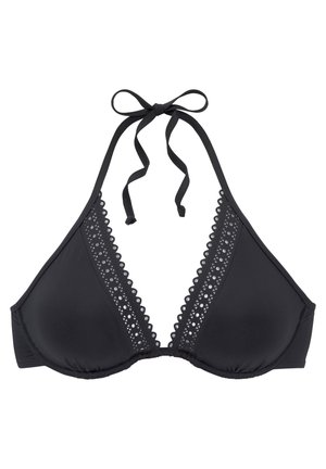 Black halter-style bikini top with triangular cups, scalloped lace trim, and adjustable ties. Soft material and seamless finish.