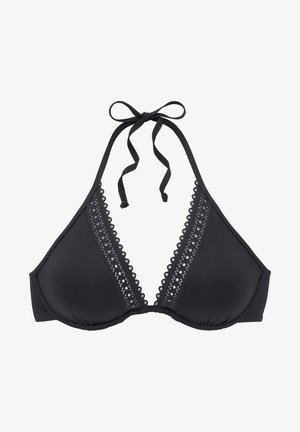 Haut de bikini noir style halter avec des bonnets triangulaires, bordure en dentelle festonnée et liens ajustables. Matériau doux et finition sans couture.