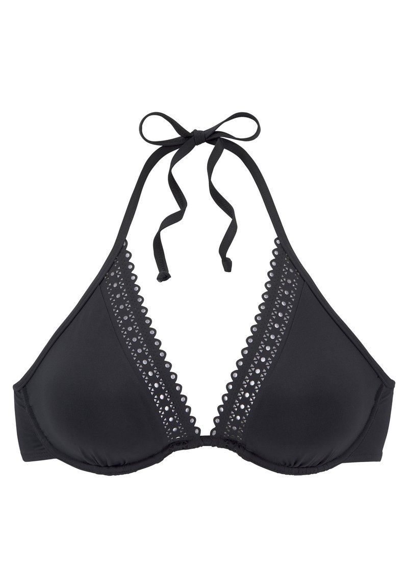 Top bikini nero a halter con coppe triangolari, rifinitura in pizzo a onde e lacci regolabili. Materiale morbido e finitura senza cuciture.