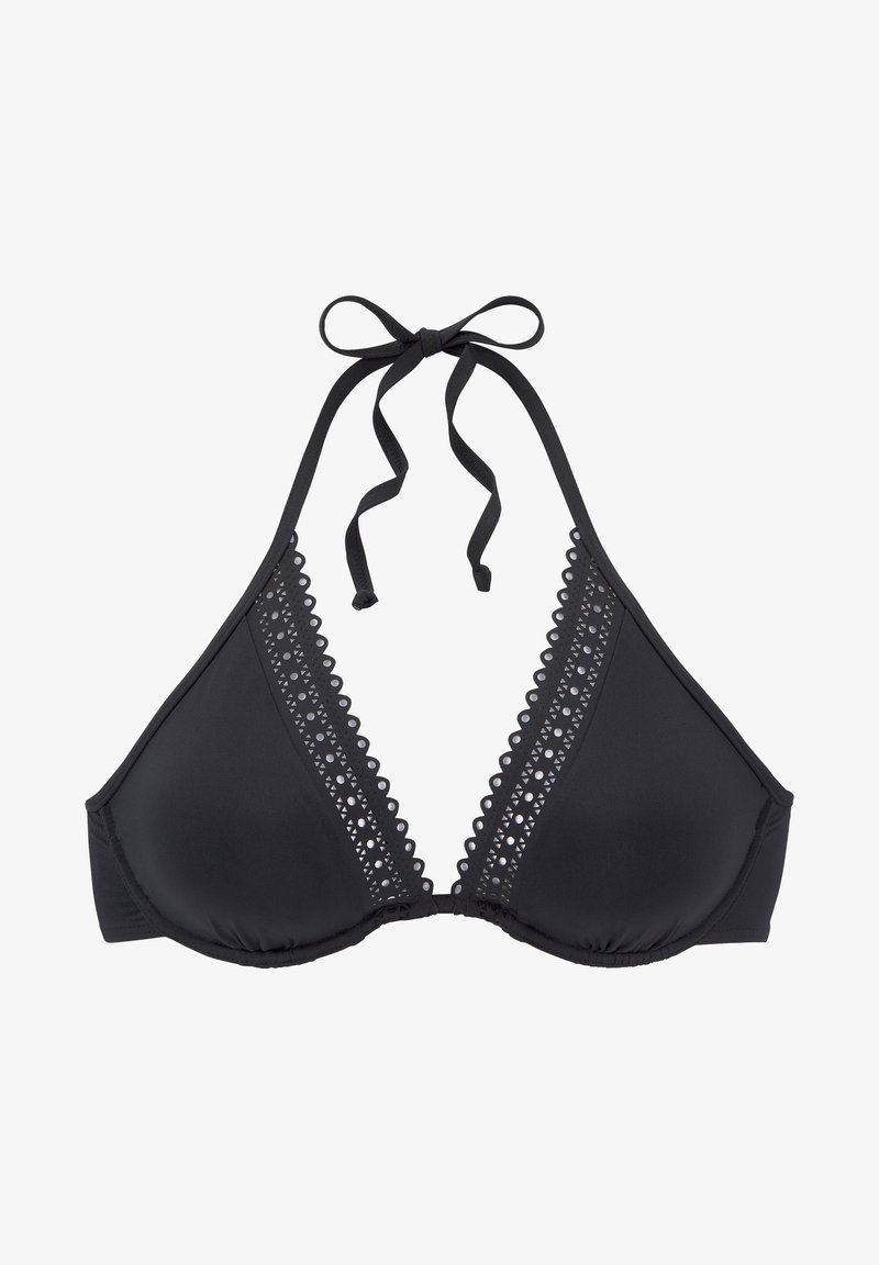 Mustapitseinen halterneck-bikini yläosa, jossa on kolmionmuotoiset kupit, röyhelötila ja säädettävät nauhat. Pehmeä materiaali ja saumaton viimeistely.