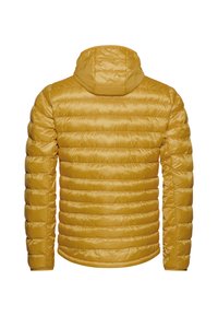 Gelbe Daunenjacke mit Kapuze, gekennzeichnet durch horizontale Steppabschnitte und eine glatte, glänzende Textur. Die Rückansicht zeigt ein figurbetontes Design.