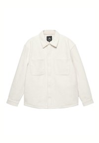 Hvid fleece skjortejakke med krave, to brystlommer, knaplukning og struktureret stof.