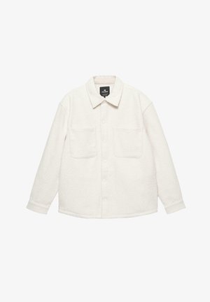 Giacca camicia in felpa bianca caratterizzata da un colletto, due tasche sul petto, chiusura a bottoni e tessuto testurizzato.