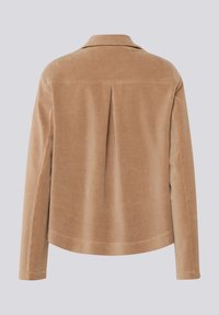 Cordjacke in hellbrauner Farbe mit umgeschlagenem Kragen, langen Ärmeln, Rückenfalte und einer weichen, strukturierten Oberfläche.