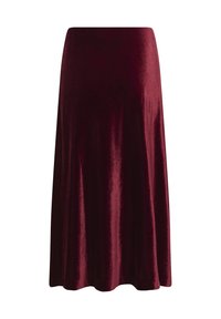 Jupe midi en velours bordeaux avec taille haute et silhouette en A, texture lisse et éclat subtil.