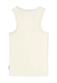 Witte mouwloze tanktop van ribstof, met een ronde halslijn, subtiele stikseldetails en een label aan de zijkant.