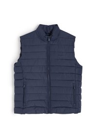 Granatowa kamizelka puchowa z wysokim kołnierzem, zapięciem na zamek i dwiema bocznymi kieszeniami; ma przeszywaną, pikowaną strukturę dla lepszej izolacji.