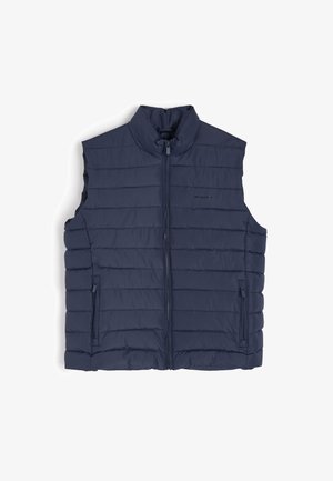 Granatowa kamizelka puchowa z wysokim kołnierzem, zapięciem na zamek i dwiema bocznymi kieszeniami; ma przeszywaną, pikowaną strukturę dla lepszej izolacji.