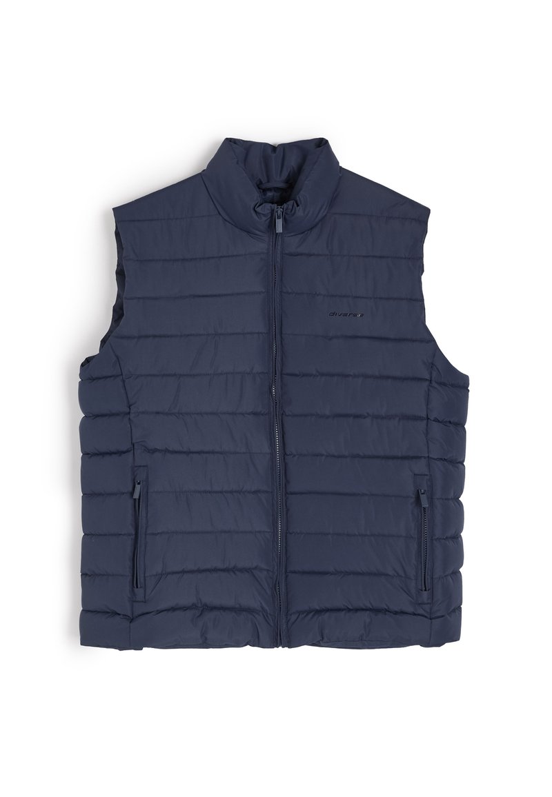 Granatowa kamizelka puchowa z wysokim kołnierzem, zapięciem na zamek i dwiema bocznymi kieszeniami; ma przeszywaną, pikowaną strukturę dla lepszej izolacji.