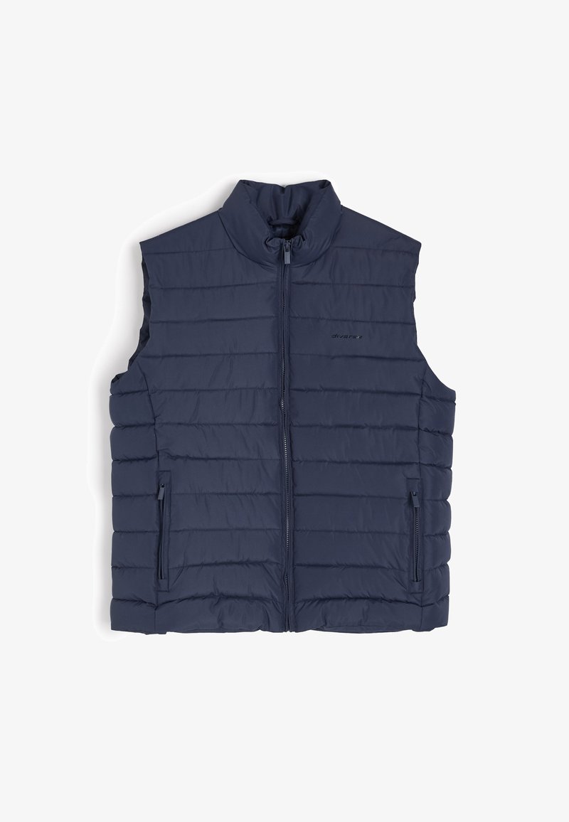 Granatowa kamizelka puchowa z wysokim kołnierzem, zapięciem na zamek i dwiema bocznymi kieszeniami; ma przeszywaną, pikowaną strukturę dla lepszej izolacji.