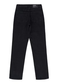Pantaloni in denim nero con taglio dritto, dotati di due tasche posteriori e di un'etichetta sulla vita. Texture morbida e design classico.