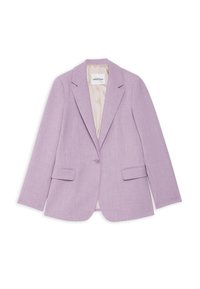 Blazer ajusté violet clair avec fermeture à un bouton, revers à crans, poches à rabat et doublure intérieure beige, posé à plat sur fond blanc.