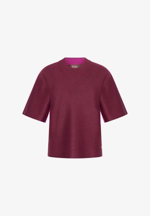 Burgundy short-sleeve top with a round neckline, constructed of a shiny, textured material. Interior features a contrasting pink lining.