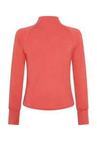 Långärmad topp i korall, med hög hals, slät yta och åtsittande manschetter. Enkelt design utan synliga mönster eller utsmyckningar.