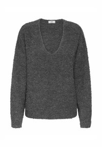 Tamsiai pilkas megztinis, pagamintas iš pūkuoto audinio, su giliu V formos iškirpimu, ilgomis rankovėmis ir laisvu kirpimu. Textūruotas paviršius suteikia vizualinį interesą.