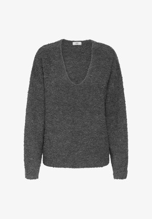 Tummanharmaa villapaita, joka on valmistettu pörröisestä materiaalista. Siinä on syvä V-kaula-aukko, pitkät hihat ja rento malli. Teksturoitu pinta lisää visuaalista kiinnostavuutta.