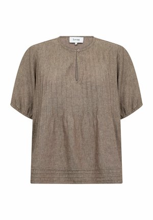Brown short-sleeve blouse with vertical pintuck details, round neckline, small front keyhole with button, and elastic sleeve cuffs.