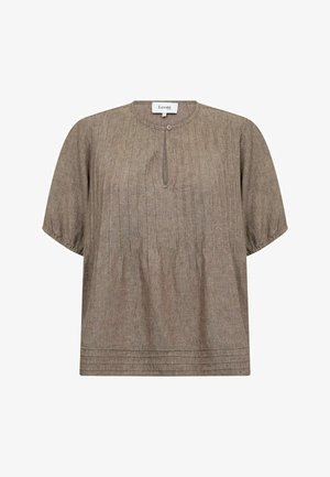 Brown short-sleeve blouse with vertical pintuck details, round neckline, small front keyhole with button, and elastic sleeve cuffs.