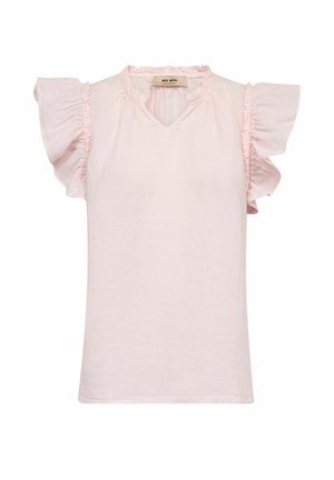 Blusa rosa chiaro senza maniche con maniche a volant e una piccola scollatura a V, realizzata in tessuto leggero.