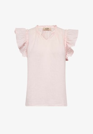 Bluză roz deschis fără mâneci, cu mâneci scurte cu volane și un decolteu mic în V, confecționată dintr-un material ușor.