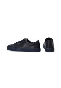 Navy leather sneakers with a smooth finish, lace-up design, and rubber sole. Features round toe, minimalistic style, and sturdy construction.