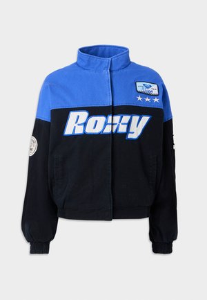Giacca blu e nera con colletto alto, con logo "Roxy" in grande formato, polsini elasticizzati e patch decorativo sul petto.