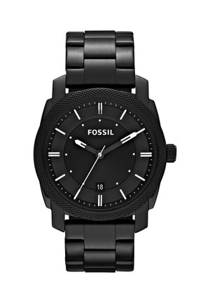 Schwarze Fossil Analog-Uhr mit Metallarmband, weißen Stundenmarkierungen, Datumsanzeige bei 6 Uhr und drei Zeigern, die 10:09:37 anzeigen.