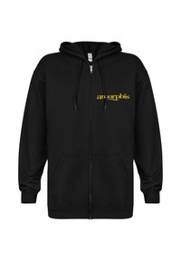Felpa nera con zip realizzata in un mix di cotone. Dotata di cappuccio con cordino, tasche frontali e logo giallo sulla zona sinistra del petto.