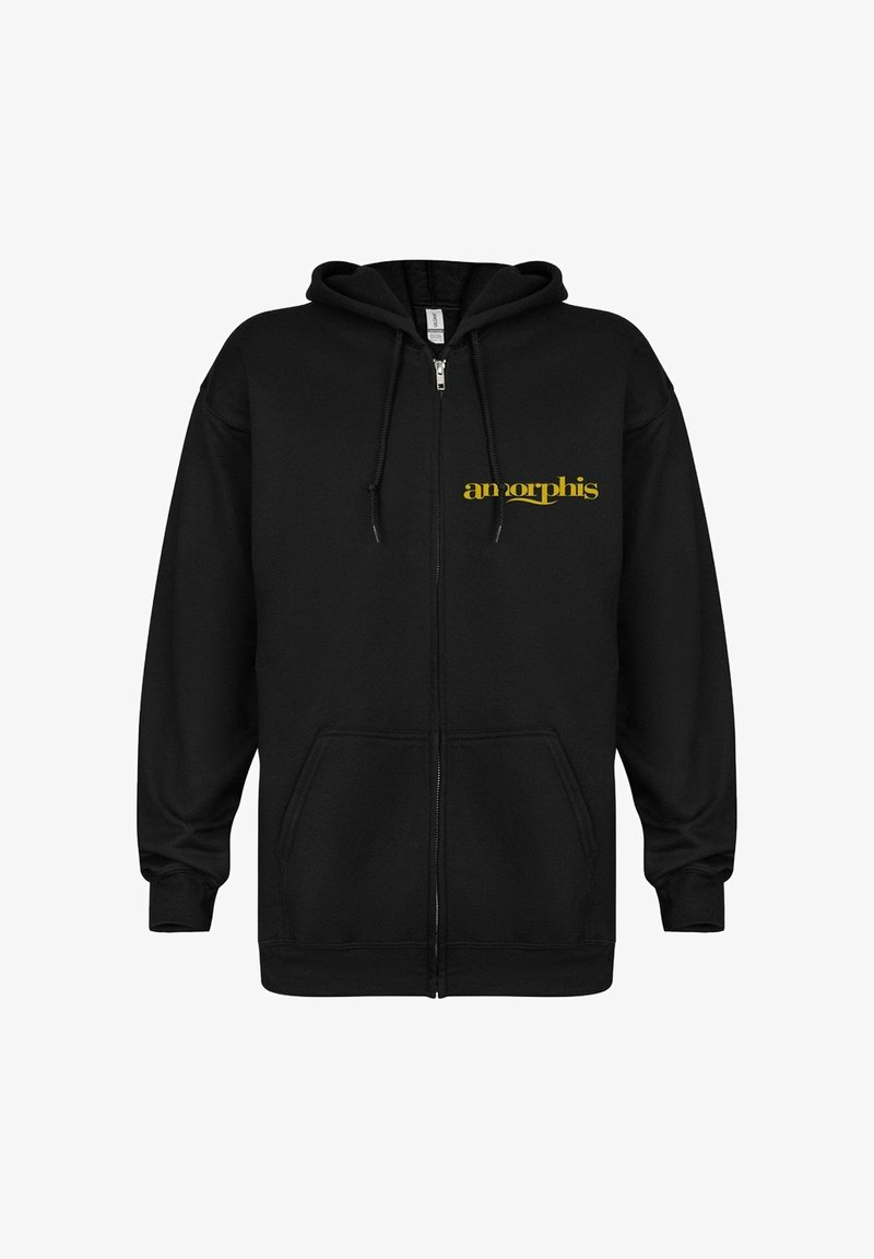 Sweat à zip noir en mélange de coton. Il possède une capuche avec cordon de serrage, des poches avant et un logo jaune sur le côté gauche de la poitrine.