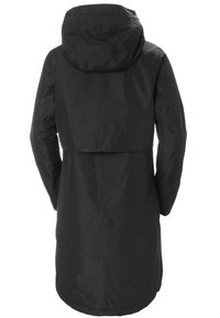 Zwarte waterdichte parka met een capuchon, voorzien van een middenlengte ontwerp, een soepele textuur en een licht getailleerde taille.