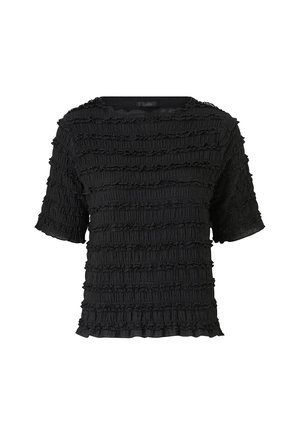 Zwarte blouse met korte mouwen, voorzien van horizontale, gestructureerde ruchestrepen en een ronde hals, gemaakt van lichtgewicht stof.