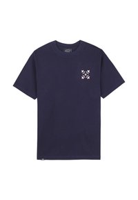 T-shirt en coton bleu marine à manches courtes, col rond, avec un petit motif floral sur la poitrine gauche. Texture lisse, coupe standard.